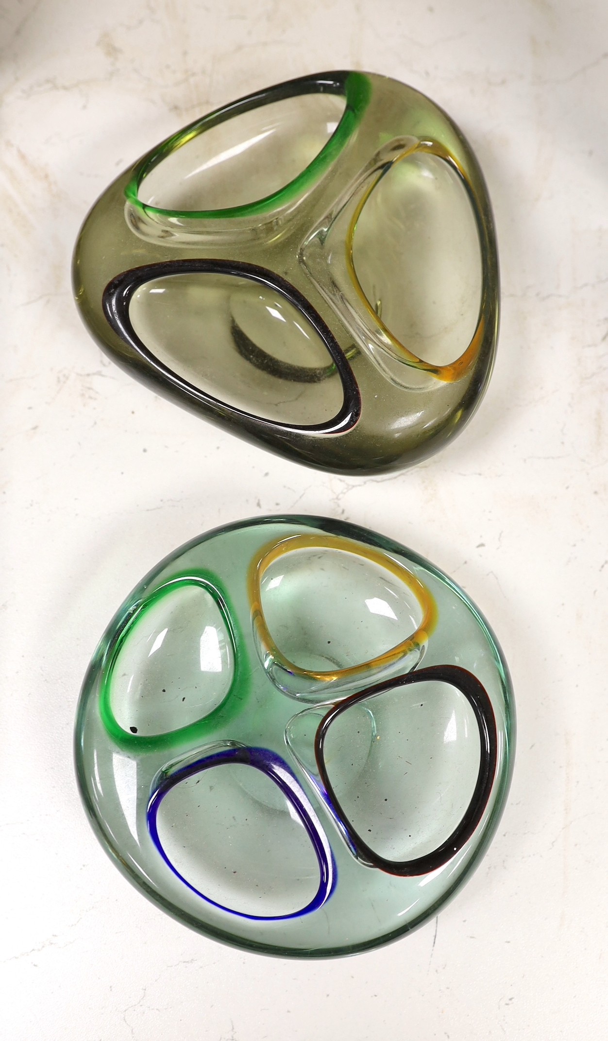 Twelve items of art glass, ten vases and two decorative flowers with long stems, including three Murano Sommerso faceted vases, tallest 23 cm